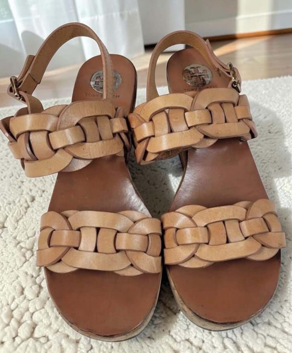 Tory Burch Braided Wedge Sandals Size 10M Tan Leather Platform